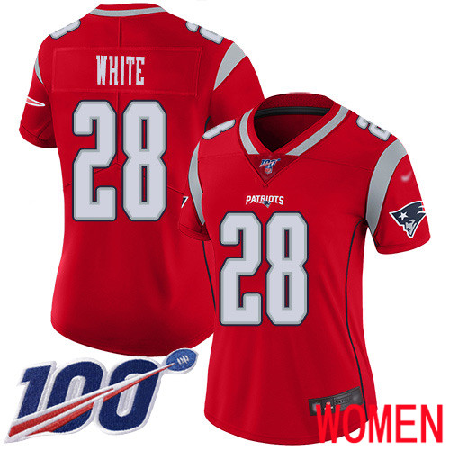 New England Patriots Football 28 100th Season Inverted Limited Red Women James White NFL Jersey